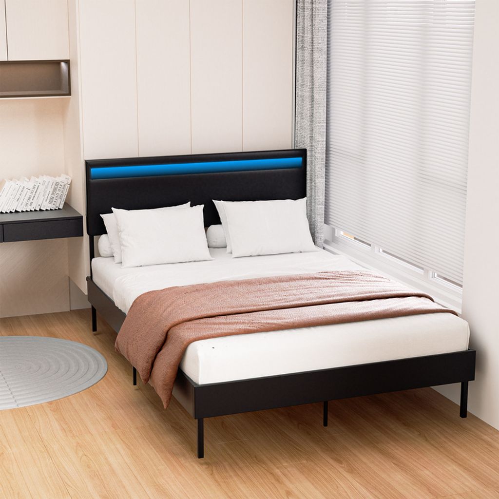 TolleTour Bettgestell hohes Kopfteil robustes Bettgestell Maximale 140x200CM Tragfähigkeit 350 kg für Schlafzimmerbett Kunstleder LED-Beleuchtung...