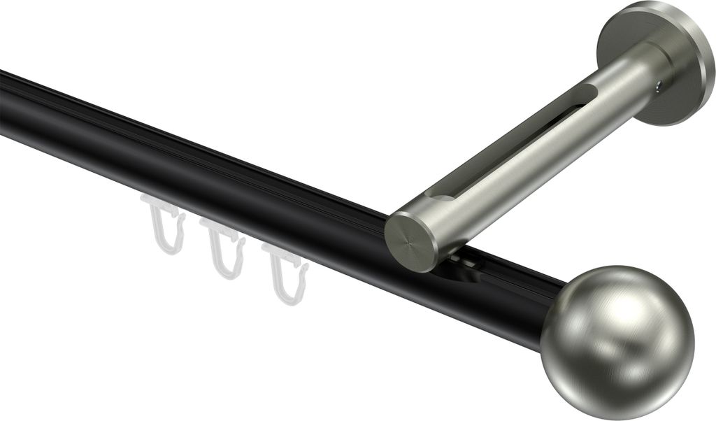 Interdeco Innenlaufstange / Gardinenstange mit Innenlauf Schwarz / Edelstahl-Optik, Typ Siteno Luino (Kugel), 20 mm Ø 1-läufig, 180 cm