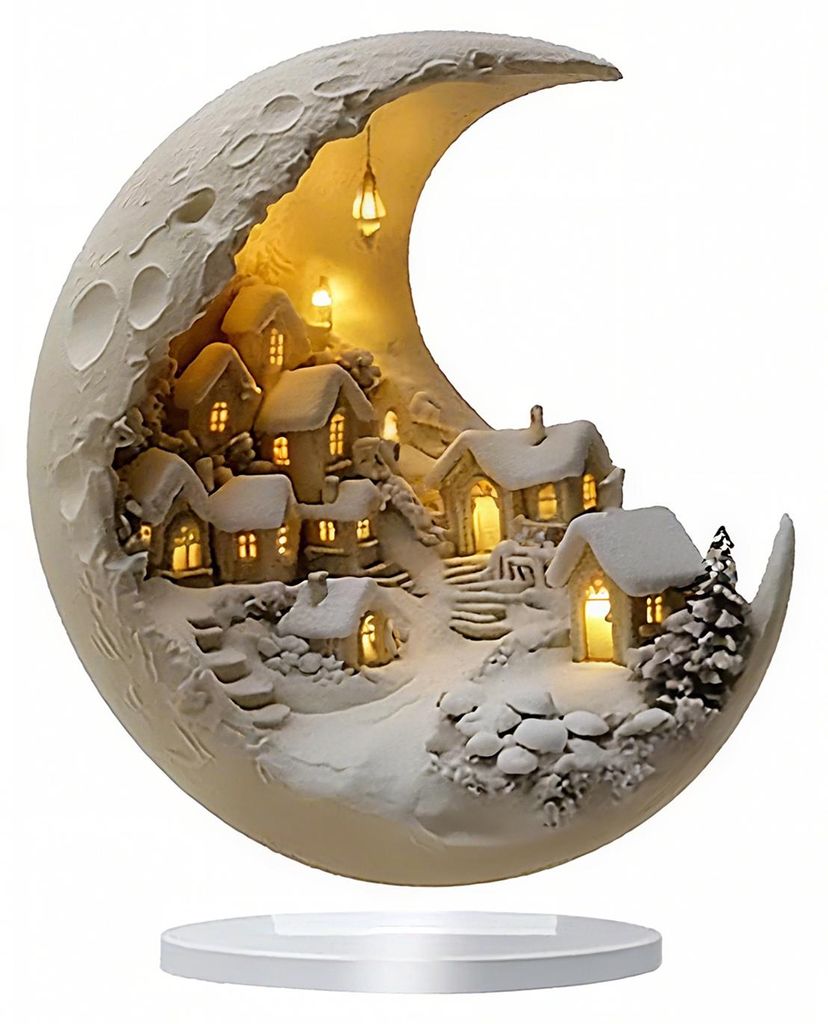 Schneehaus-Mond-Acryl-Ornament, 2D-Halbmond-Tischschild mit Sockel, Dekoration für Zuhause, Büro oder Schreibtisch.