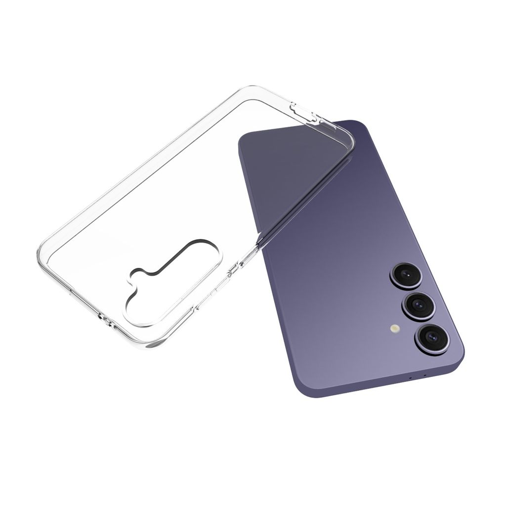 A transparent phone case is shown next to a purple smartphone.
