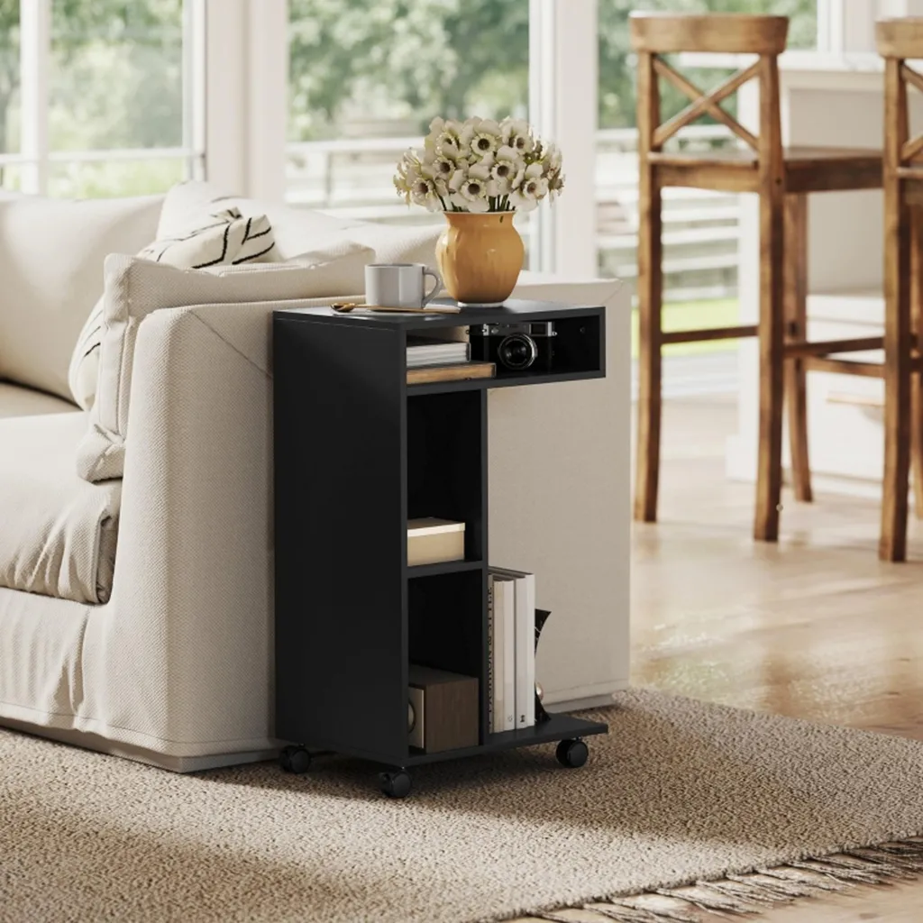 Petite table d'appoint gain de place en C noir chariot mobile à roulettes - 7
