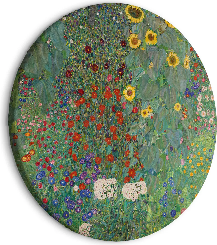 Quadro rotondo su tela - Giardino di campagna con girasoli, Gustav Klimt - Fiori multicolori 80x80 cm Riproduzioni l-G-10018-bc-a
