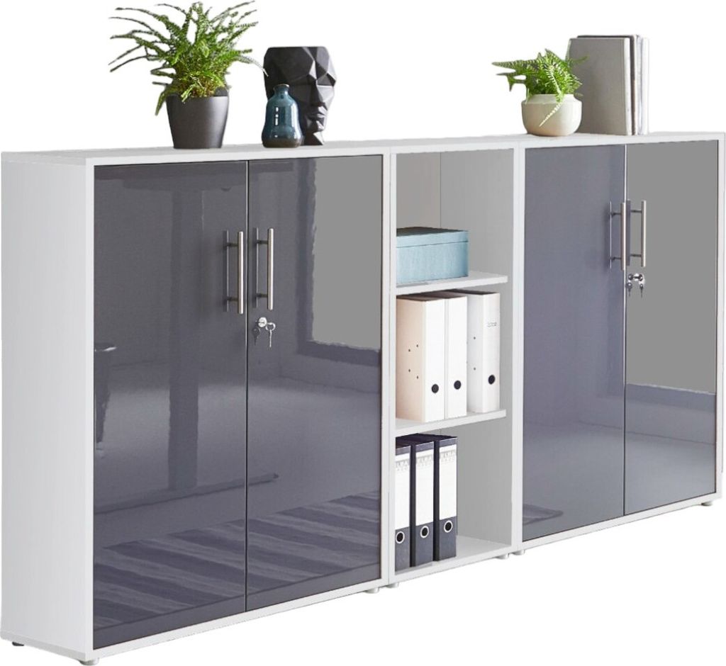Aktenschrank TABOR 8 in weiß / anthrazit Hochglanz, Schrankwand, Büroschrank, abschließbar, Metallgriffe