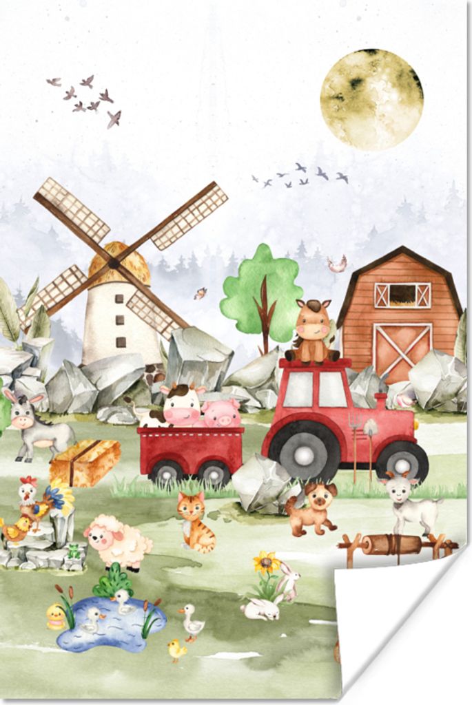 MuchoWow Poster Bauernhof - Traktor - Kinder - Tiere 60x90 cm - Wanddekoration
