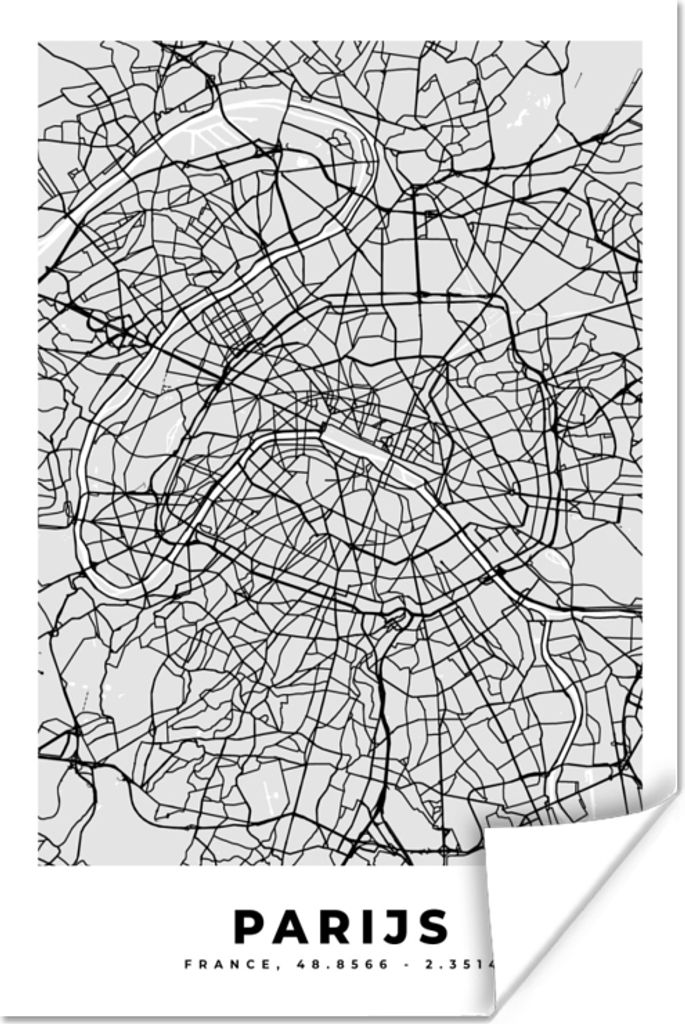MuchoWow Poster Paris - Stadtplan - Schwarz und weiß - Karte 40x60 cm - Plakate für die Wand - Poster Babyzimmer