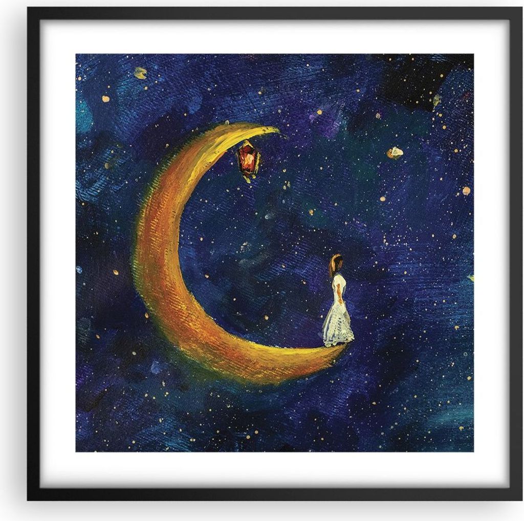 Gerahmtes Poster - Schwarzer Rahmen - Mädchen auf der Mond - 50x50 cm - Wand Bild - Wanddeko - Wandbilder - Kunstposter - Wandposter - Bilderrahme...