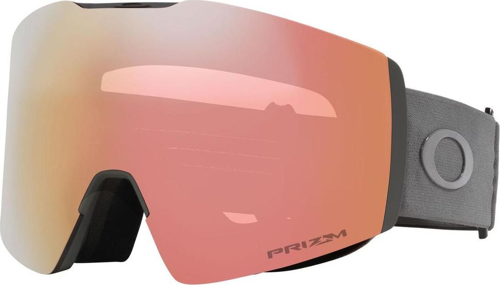 A pair of Oakley ski goggles with a rose gold mirrored lens and a gray strap, shown against a white background.
