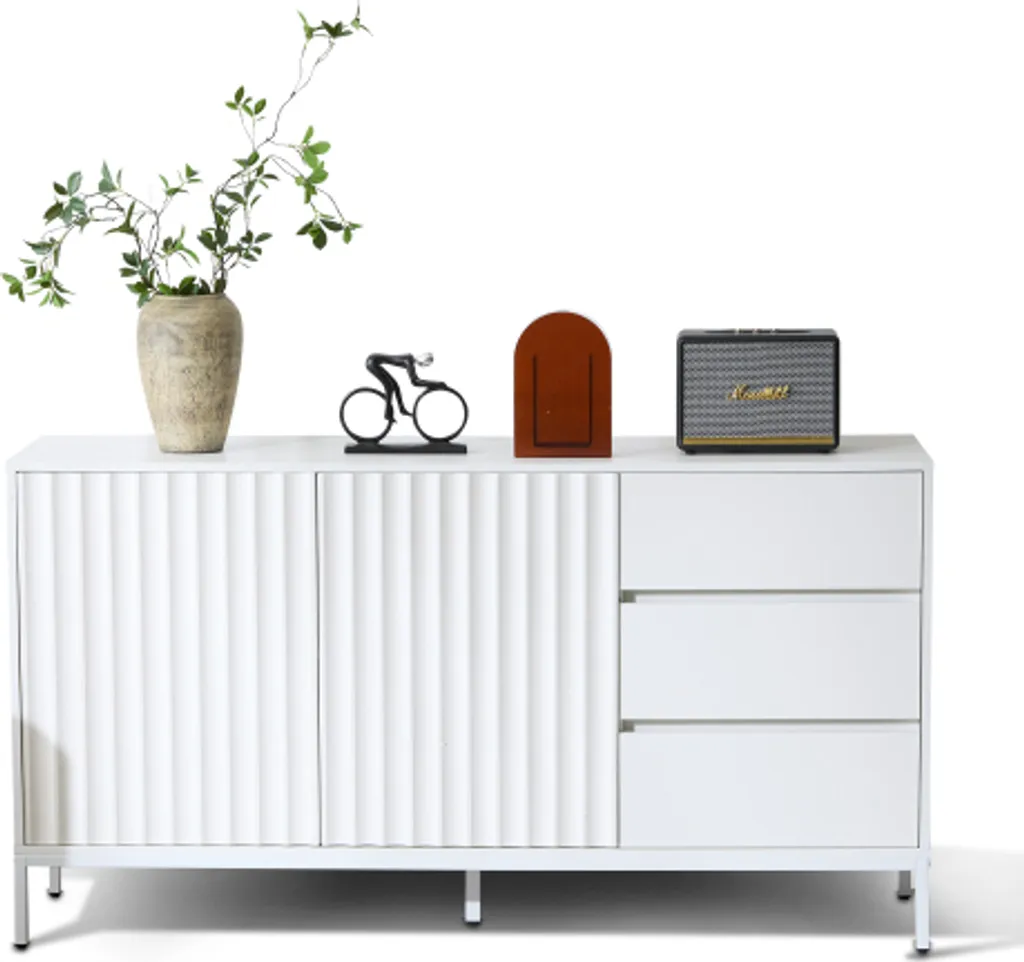 Buffet de Salon Design Blanc 150cm avec Étagères Réglables et Tiroirs