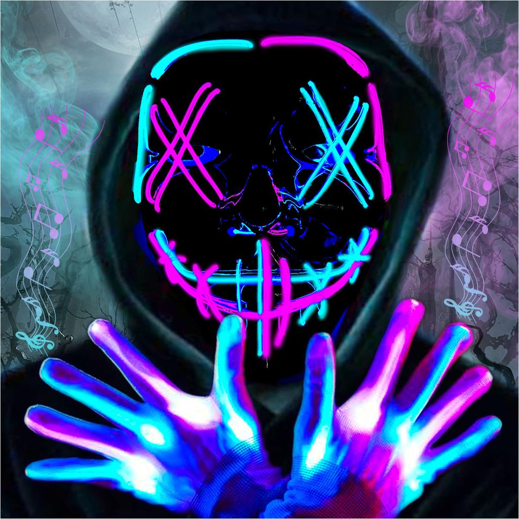LED-Maske, Handschuhe, Laterne – Halloween-Set, 2-teilig