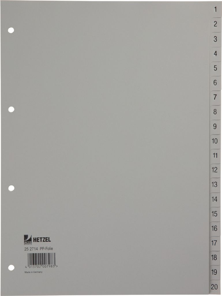 HETZEL Kunststoff Register Zahlen A4 1-20 PP grau