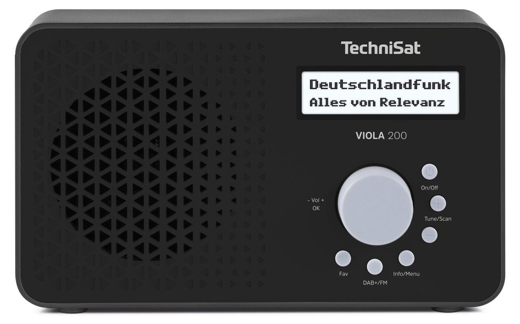 A black TechniSat VIOLA 200 DAB+ radio is shown against a black background.