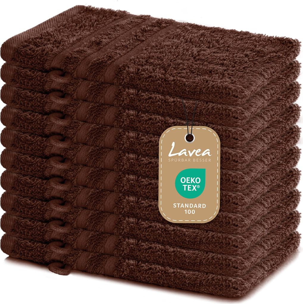 Lavea 10er Set Waschhandschuh 15x21 cm – Saugstark Weich aus 100% Baumwolle, Frottierserie Elena – Waschbar und Strapazierfähig – Kaffeebraun