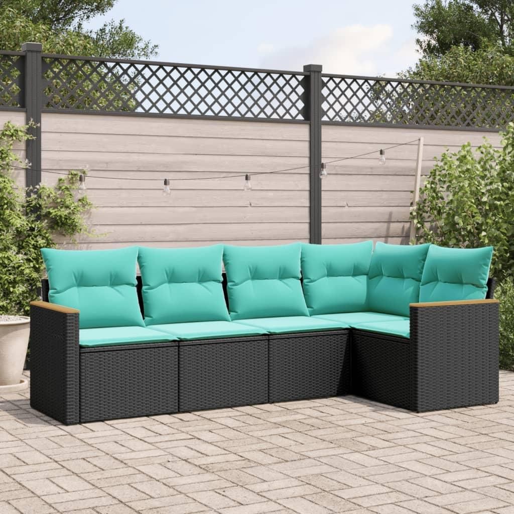 Möbel 5-teiliges Gartensofa-Set mit Kissen, schwarzes Polyrattan - Gartenmöbelgarnituren 3225945