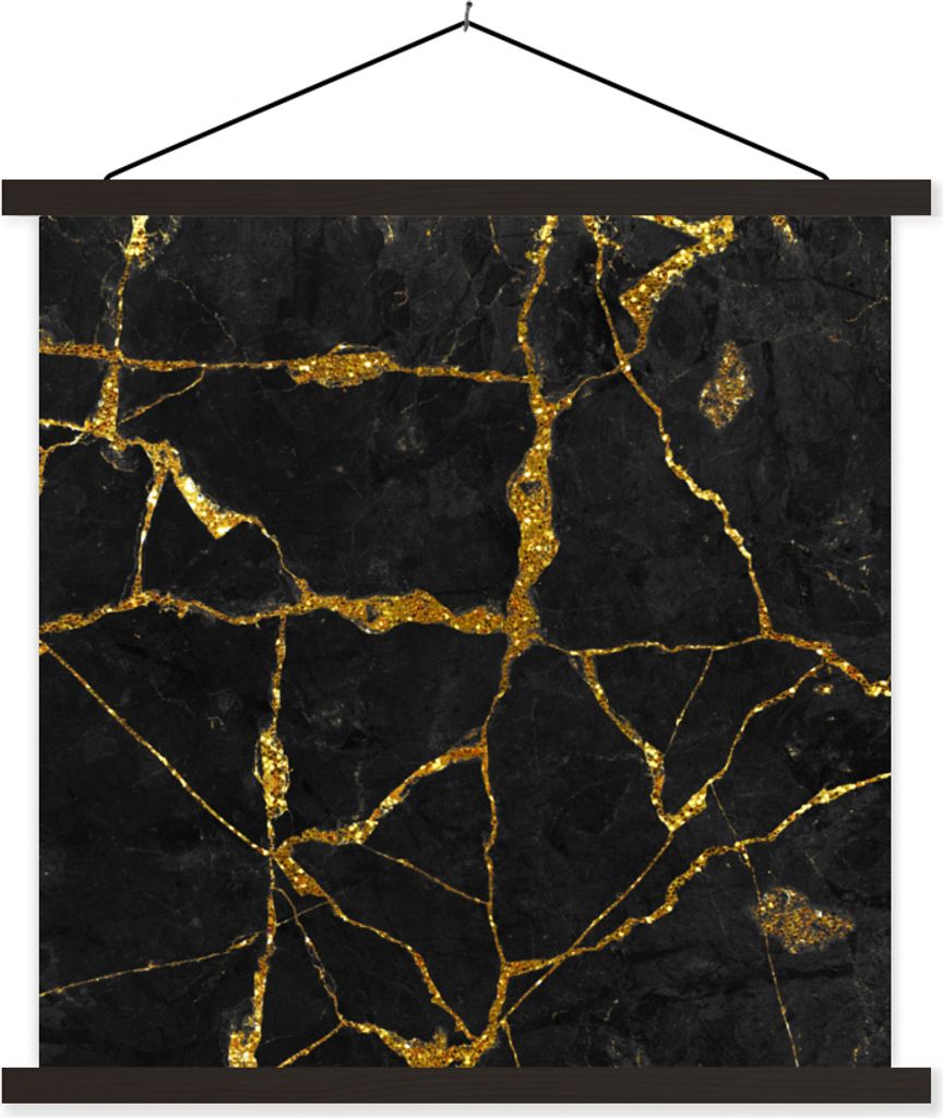 MuchoWow Textilposter Marmor - Gold - Schwarz - Marmoroptik - Glitter 90x90 cm mit schwarzem Rahmen - Magnetisches