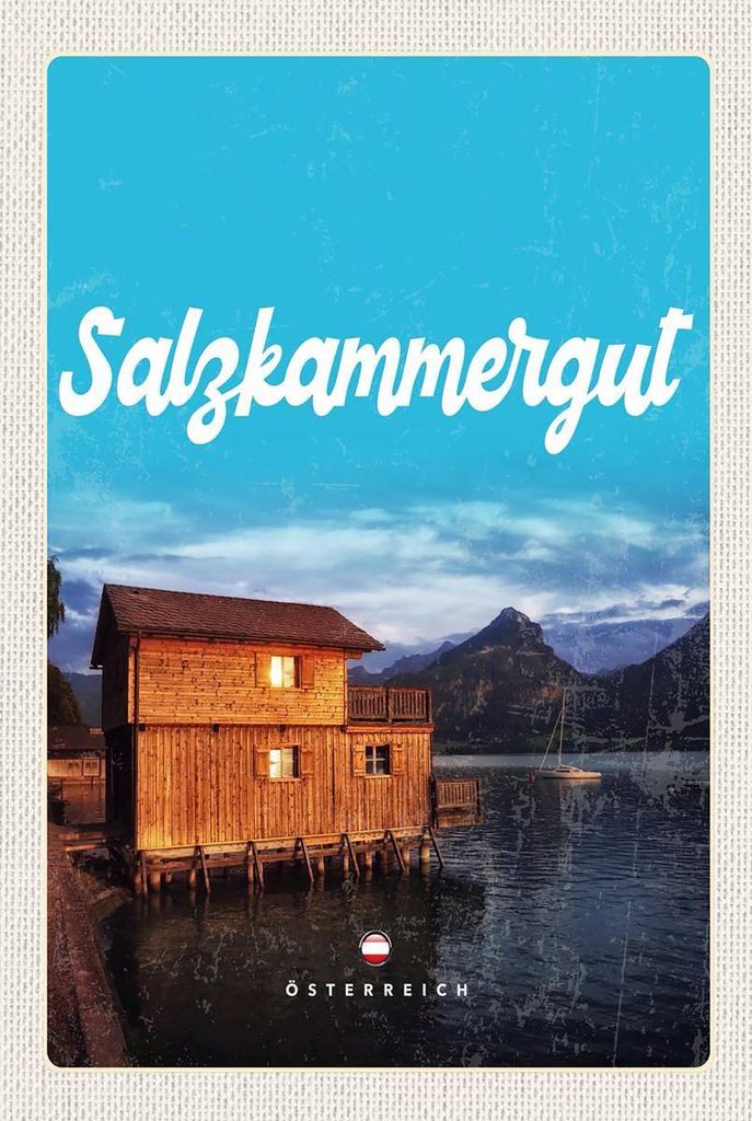 vianmo Holzschild 18x12 cm Salzkammergut Österreich Haus am See Bildmotiv Reisemotiv Abenteuer Reisen