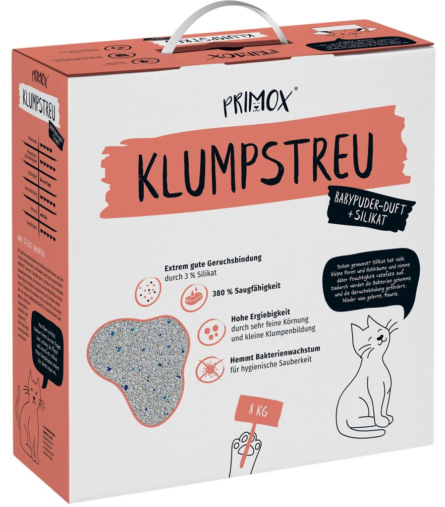 Katzenstreu PRIMOX Babypuderduft Silikat klumpend, mit Duft Produktbild 