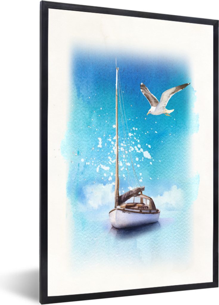 MuchoWow MuchoWow Gerahmtes Poster Boot - Meer - Möwe 40x60 cm - Poster mit zchwarzem Bilderrahmen - Papierdruck - Wandbilder