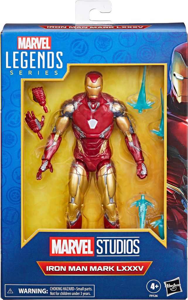The image shows a boxed Marvel Legends Series Iron Man Mark LXXXV action figure.