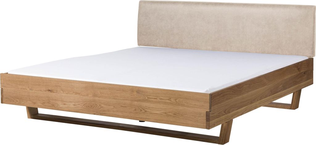 MASSIVMOEBEL24 Bett Eiche 160x200x85 natur geölt, Kopfteil beige FICHTELBERG #126