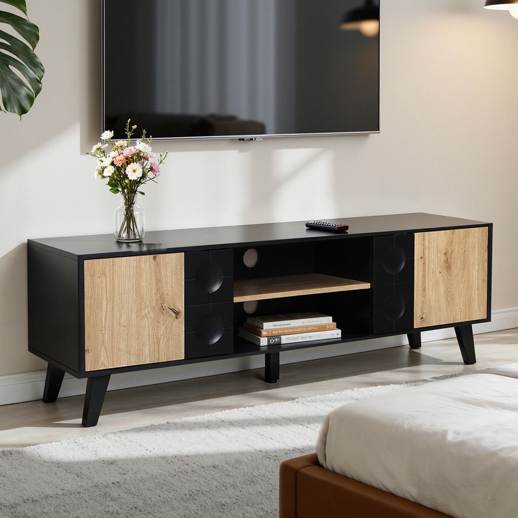 TV-Schrank mit zwei Türen und zwei Regalfächern in Natur und Schwarz, B140 x T40 x H48 cm