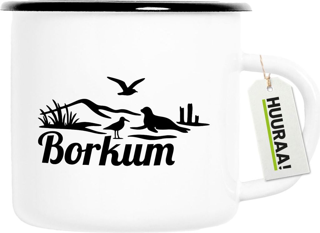 Huuraa Emaille Tasse Borkum Strandmotiv 300ml Vintage Campingbecher Geschenkidee