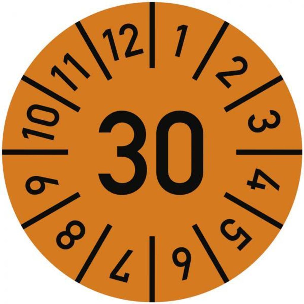 Dreifke Prüfplakette Jahr 30 mit Monaten, orange, Folie-Spezialkl., Ø 10 mm,...