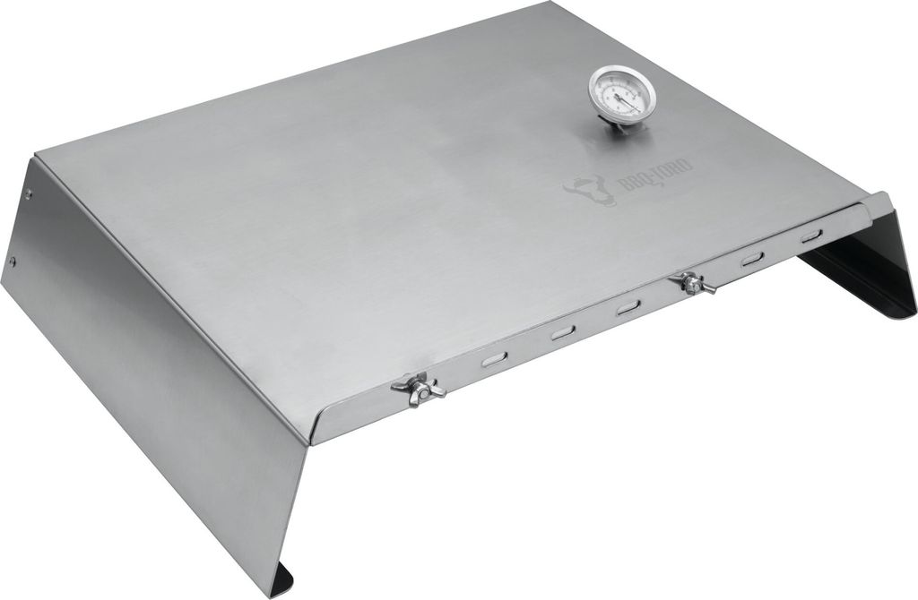A stainless steel pizza attachment with a thermometer on top, shown from a three-quarter angle.