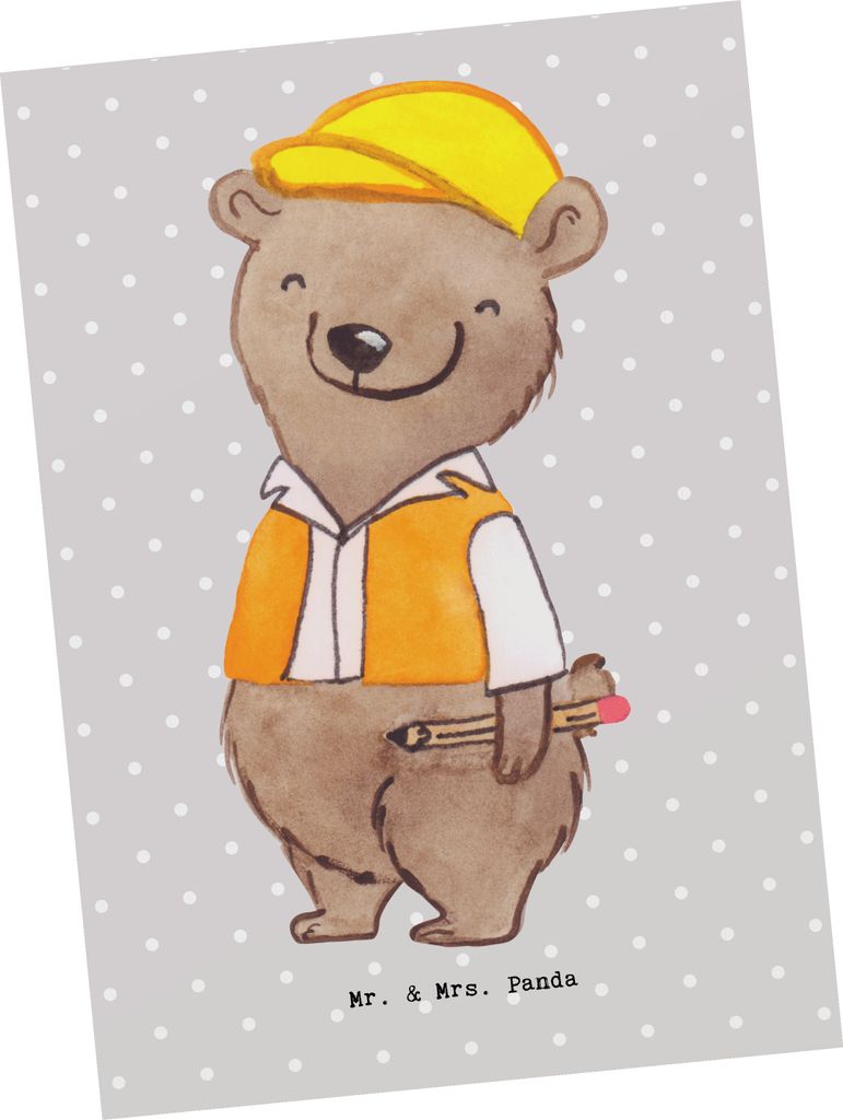 Mr. & Mrs. Panda Postkarte Bauingenieur Herz - Grau Pastell - Geschenk, Ansichtskarten, Studium, bildkarte, Bauarbeiter, Grußkarte, Orange Weste, ...