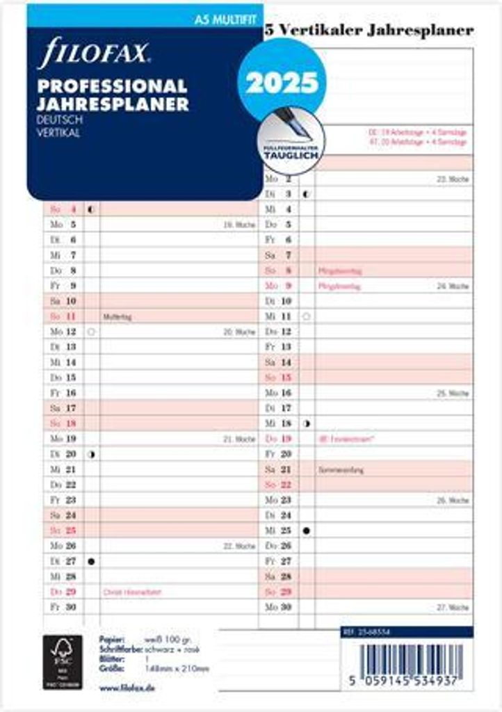FILOFAX Kalendereinlage 2025 - A5 - Jahresplaner - Professional - weiss deutsch - 25-68554