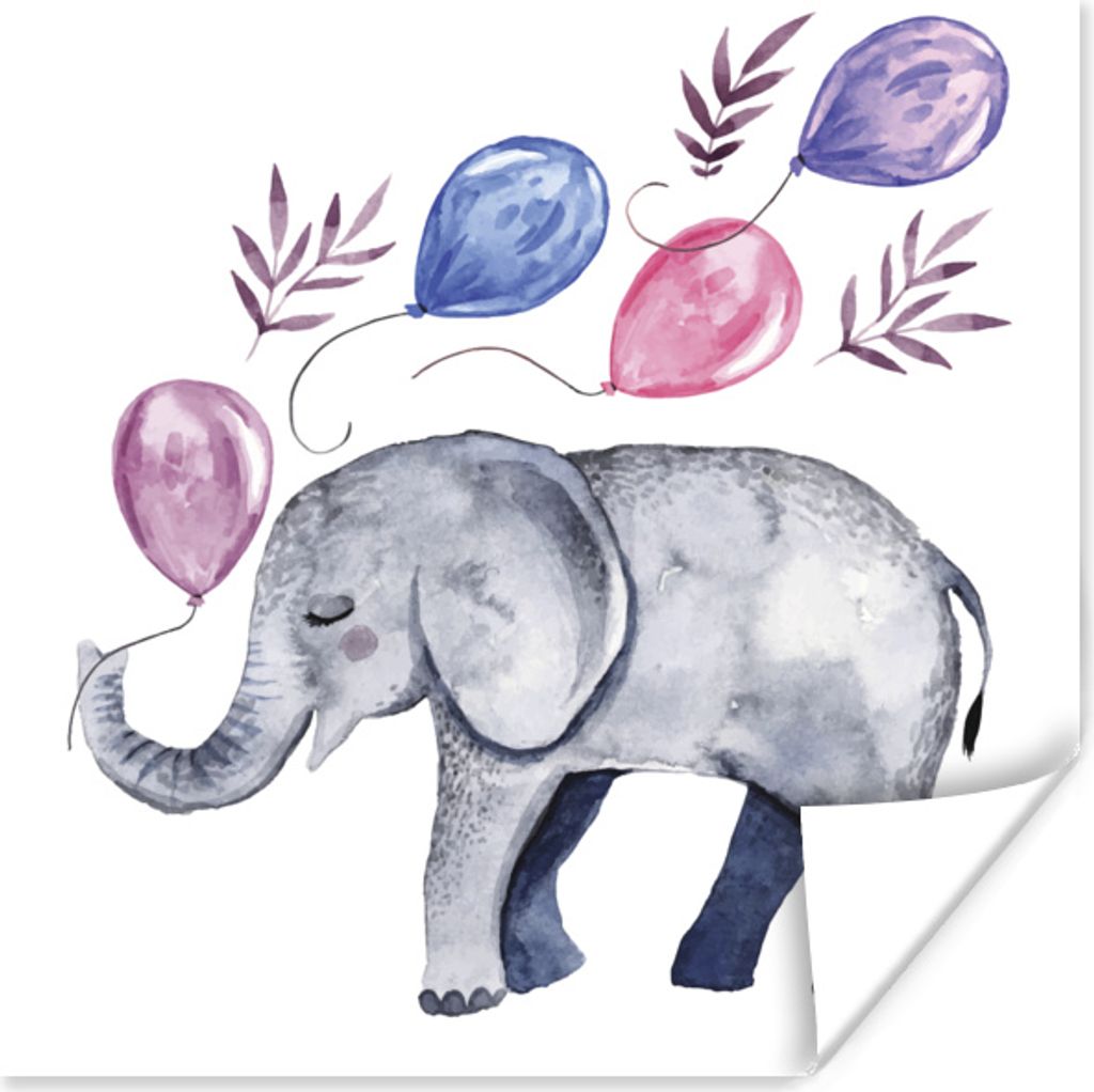 MuchoWow Poster Elefant - Aquarell - Luftballons 50x50 cm - Wohnzimmerdekoration