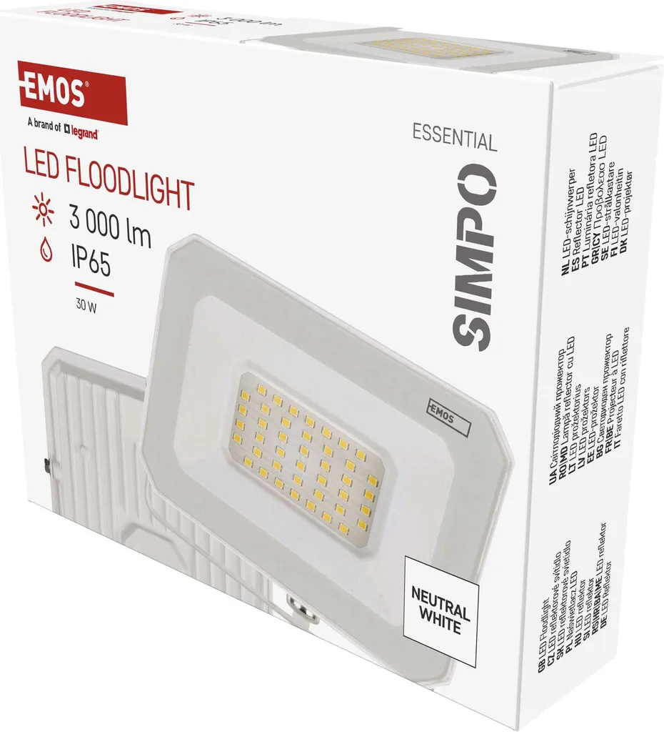 EMOS Faretto LED SIMPO 10 W, IP65, impermeabile, per ambienti umidi o esterni, super luminoso, 1000 lm, bianco neutro 4000 K, durata 15.000 ore, con cavo di collegamento da 15 cm, bianco