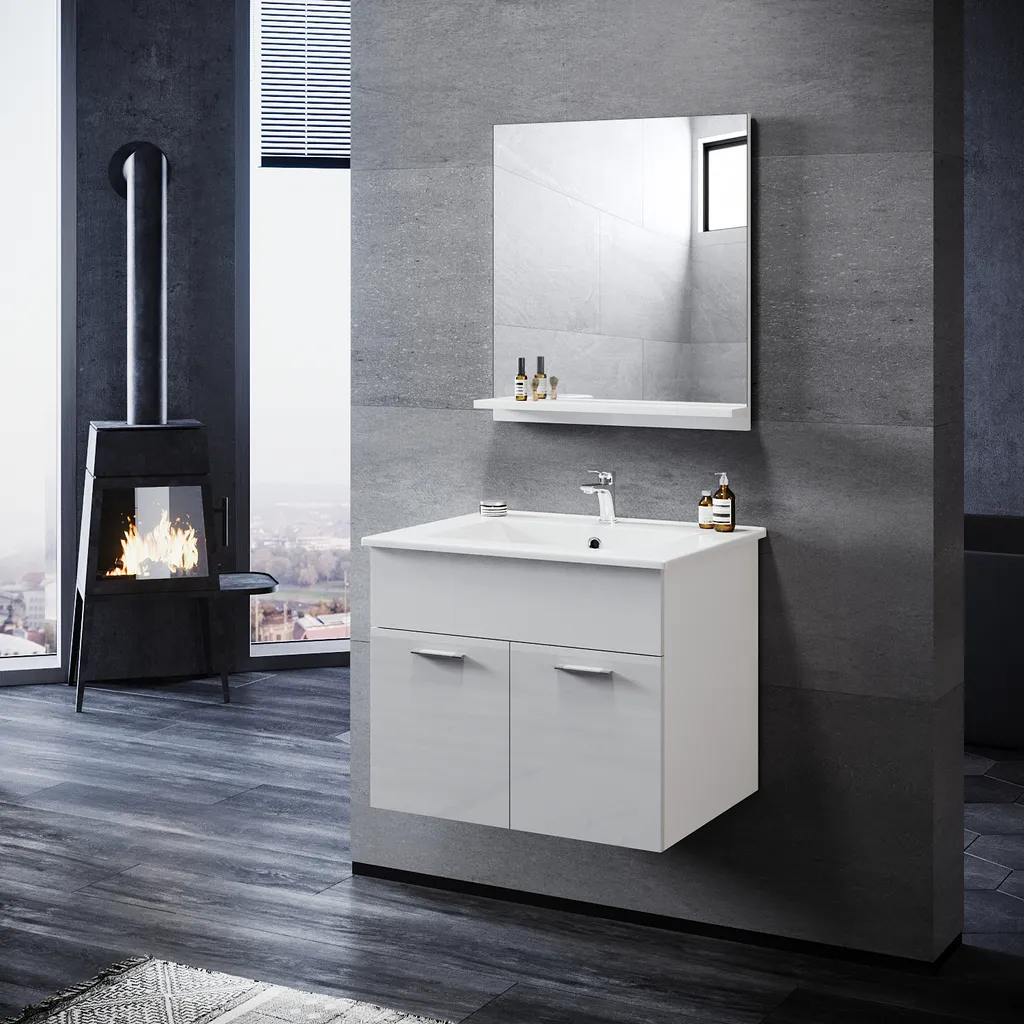 Meuble Vasque de Salle de Bain Blanc avec Miroir Mural - Ensemble 2 Pièces