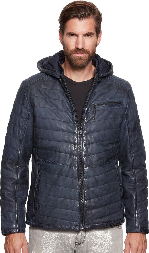 Jilani - Herren Lederjacke Steppjacke Kapuze Lammnubuk dunkelblau antik : 48