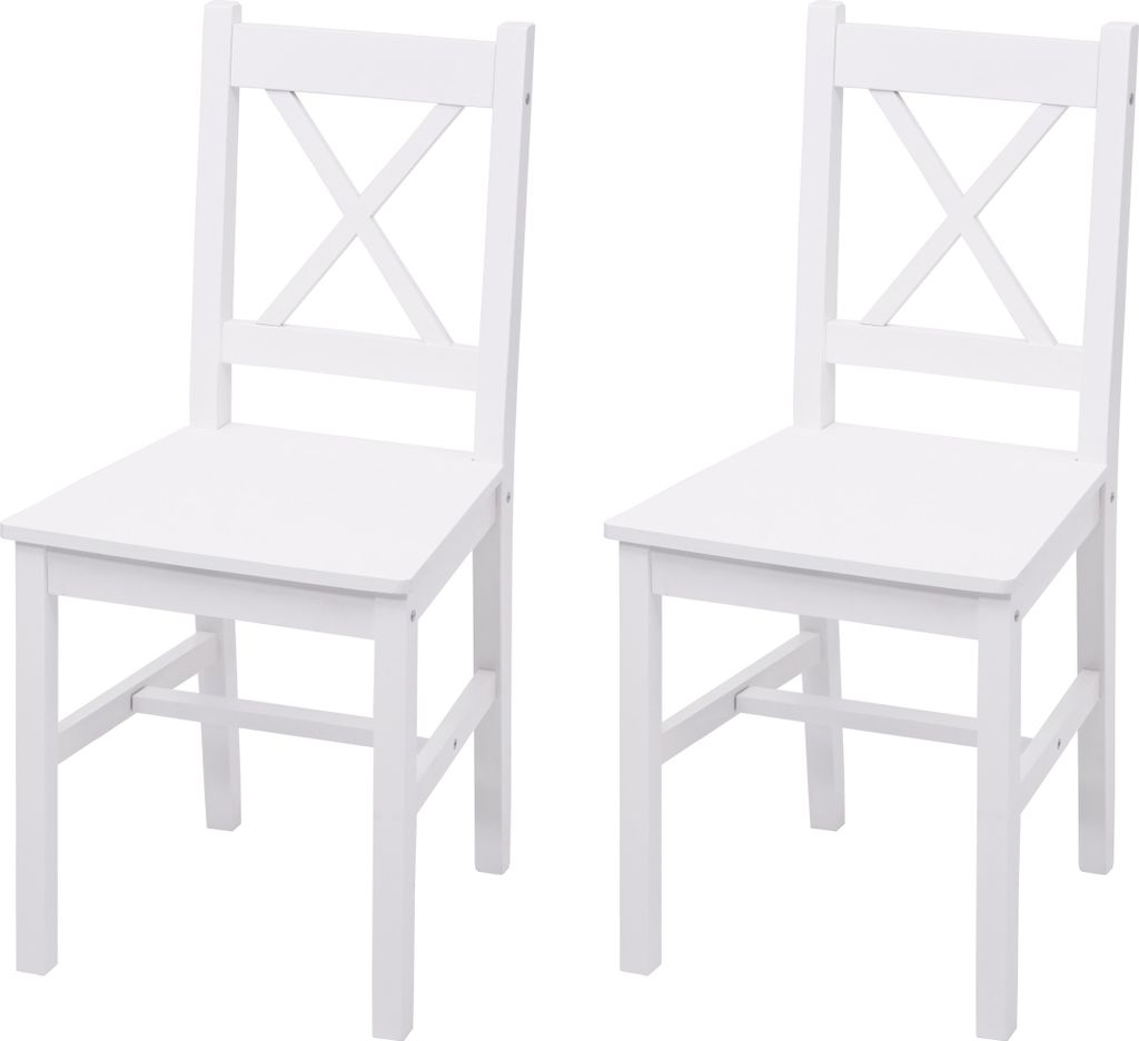 Two white wooden chairs shown against a white background.