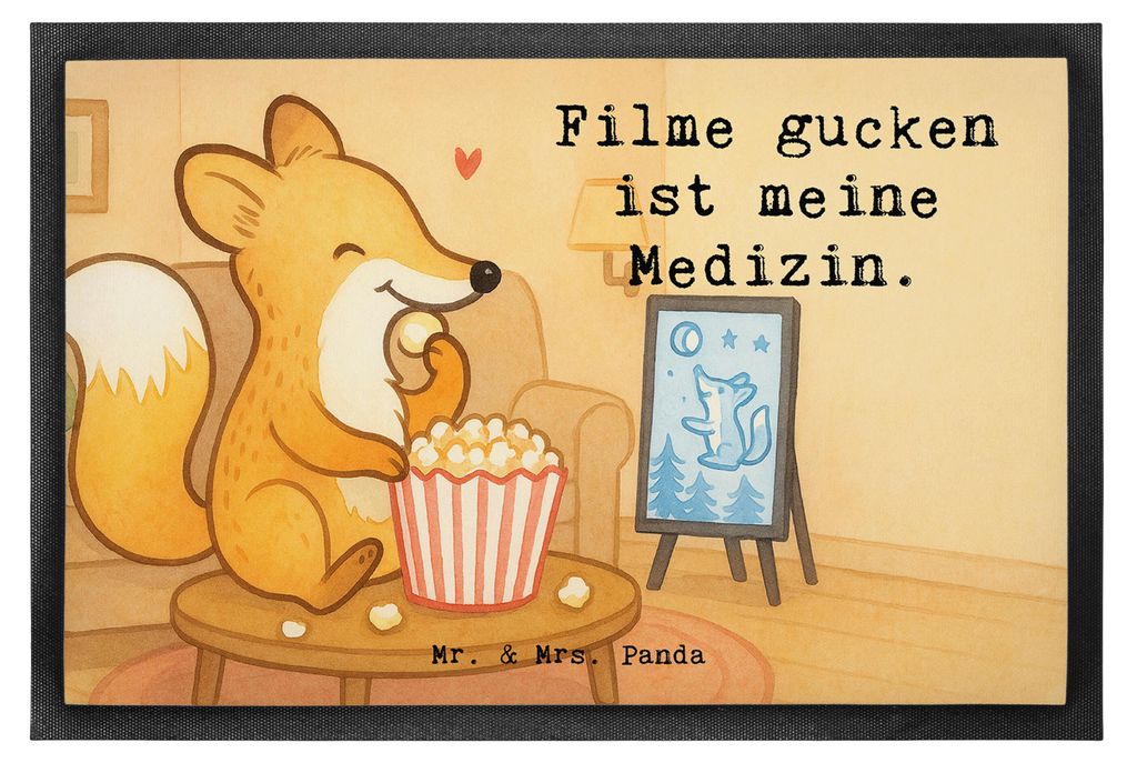 Mr. & Mrs. Panda Schmutzmatte Fuchs Filme gucken Design 50 x 75 cm - Weiß - Geschenk, fußmatte, Sauberlaufmatte, Gummi-Fußmatte, Filmabend, bode...