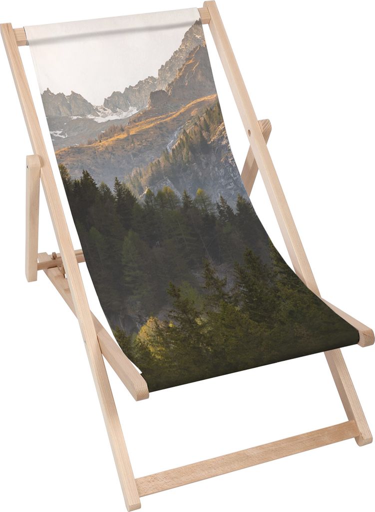 A wooden deck chair with a printed image of a mountain landscape.
