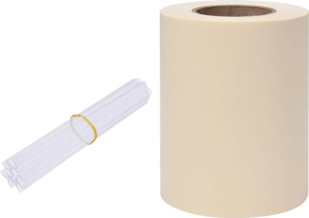 A roll of cream-colored material and a bundle of clear plastic tubes tied with a yellow rubber band are shown against a white background.