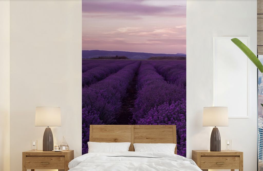 MuchoWow Fototapete für Wohnzimmer oder Schlafzimmer Wandtapete Vinyl Motivtapete Lavendel - Lila - Blumen - Natur - 120x240 cm - Hintergrundbild