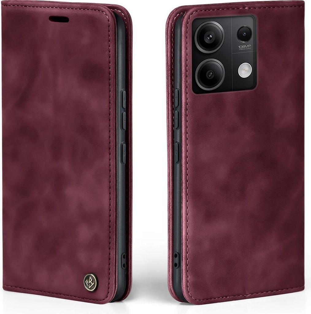 A burgundy flip case for a smartphone, shown from the front and back.