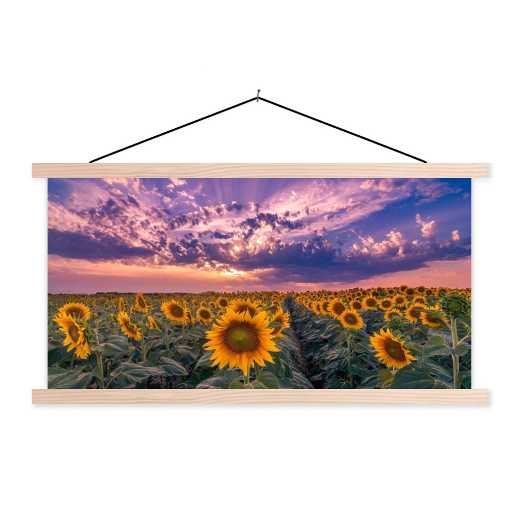 MuchoWow Textilposter Blumen - Himmel - Lila - Sonnenuntergang 120x60 cm mit holzfarbenen Rahmen - Klemmleiste