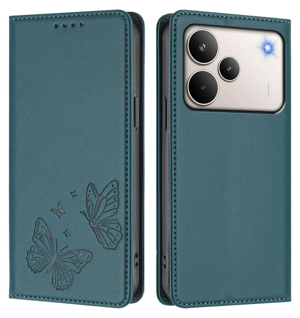 Lederhülle für Realme P4 Pro, Schmetterling Prägung Leder Brieftasche Schutzhülle mit Ständer Grün
