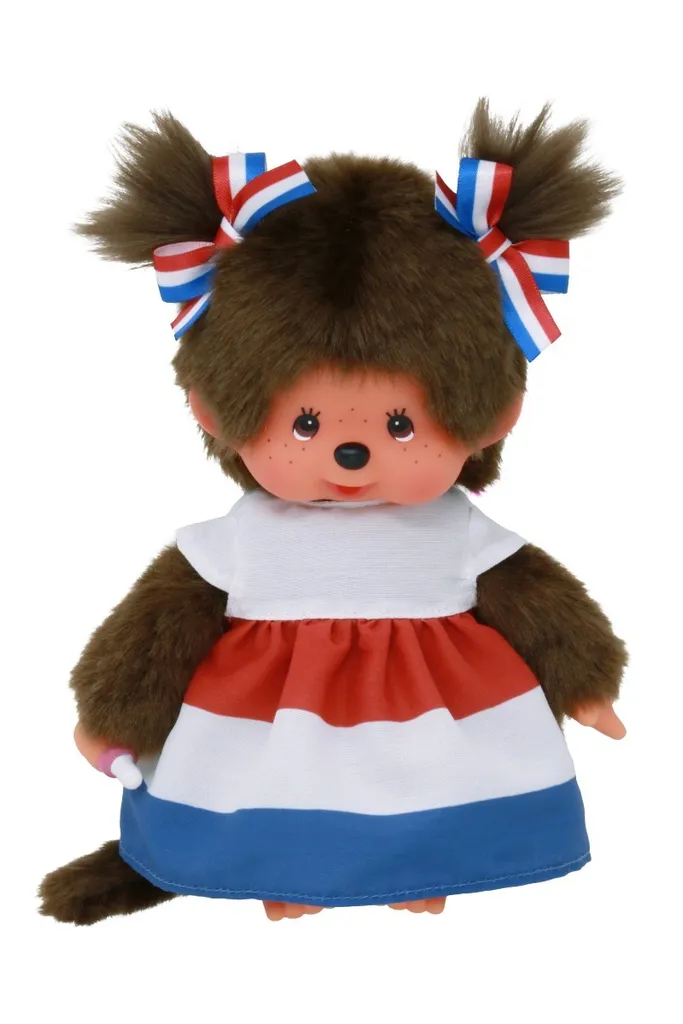 Monchhichi Fille Classique 20 cm avec Couettes et Bavoir Rose Traditionnel