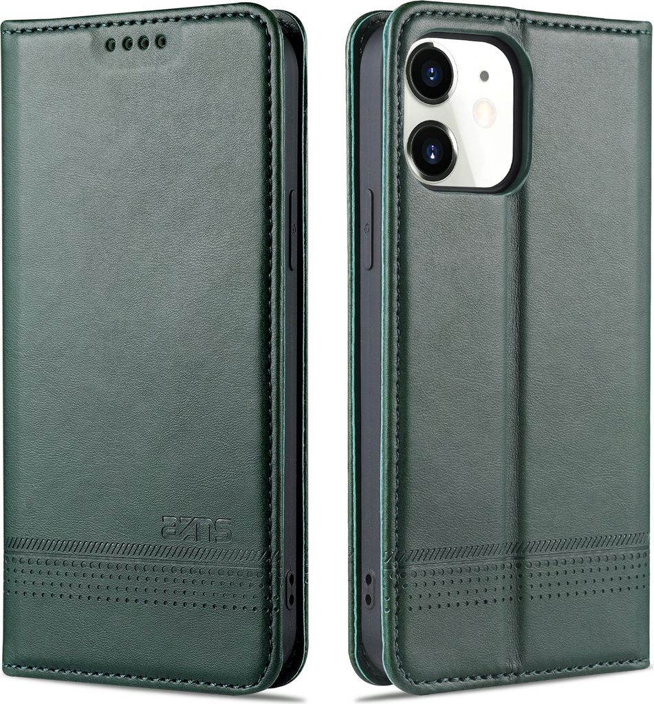 LaimTop LederHülle für iPhone 12, Klapphüllen Brieftasche Magnetverschluss Ständer Schutzhülle für iPhone 12 Grün