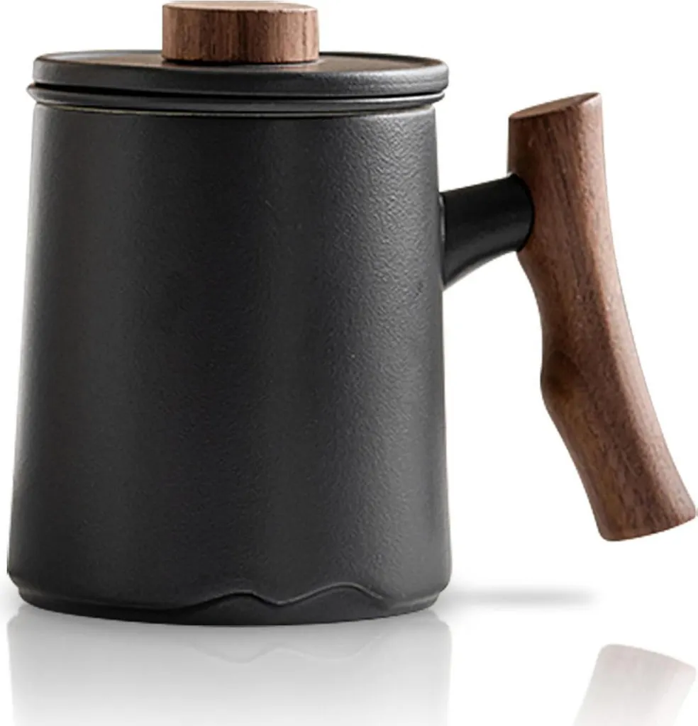 Tazza Tisana Nera Opaca 360ml: Design con Manico Legno e Infusore