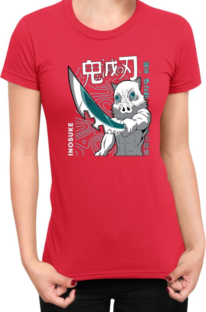 Damen T-Shirt Demon Anime Slayer Kimetsu No Yaiba Inosuke Hashibara 004, Lady S / Rot