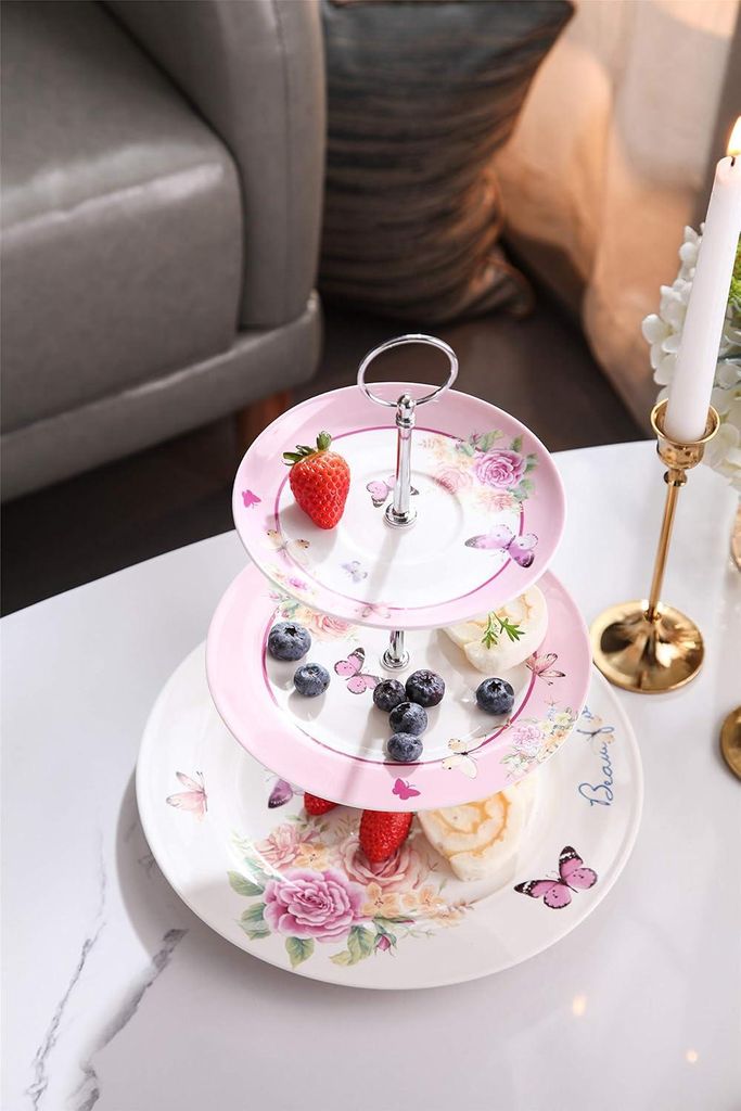 3-stöckiger Vintage Flora Schmetterling Kuchenständer Servierplatte für Afternoon Tea Party - Hochwertiges New Bone China - Geschenk für Sie