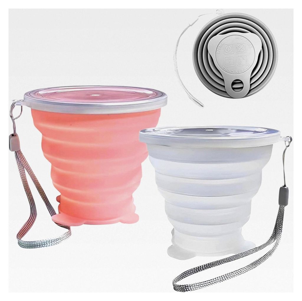 2er-Set Faltbare Becher aus Silikon - Erweiterbarer Wasserbecher mit Deckel für Reisen