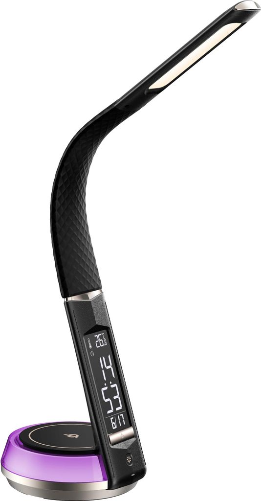 LED Schreibtischlampe Lederoptik mit QI-Ladestation Touch dimmbar Warm-/Kaltweiß Uhranzeige Schwarz