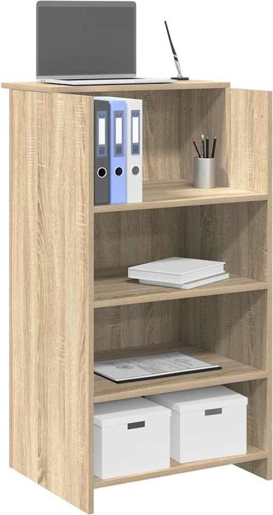 A light brown wooden reception desk with a laptop, binders, and storage boxes.