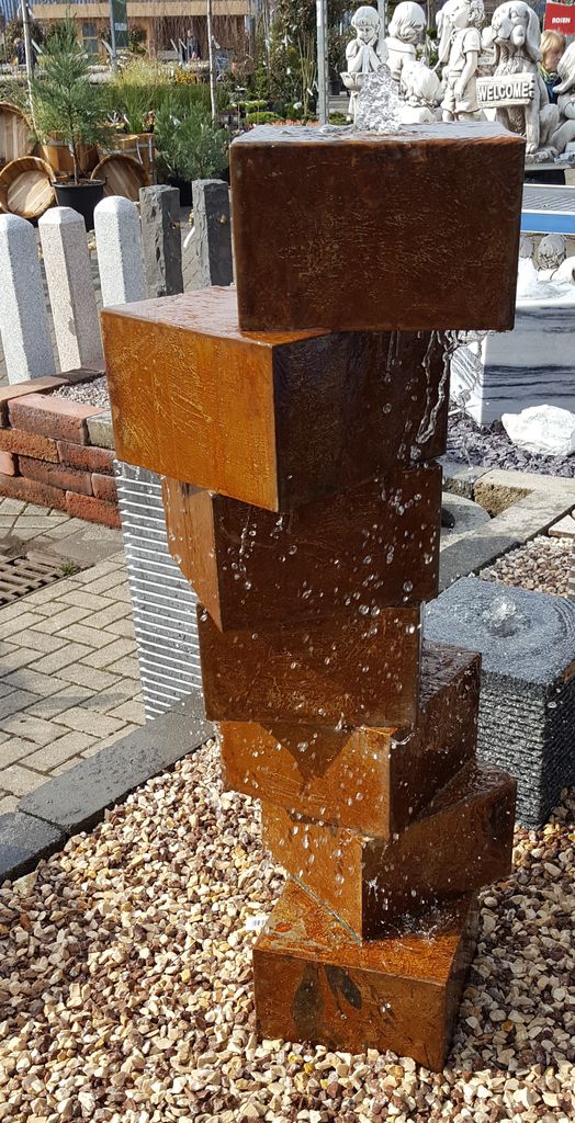 Würfeltreppe Cortenstahl Roststahl 100 cm ohne Becken Säulenbrunnen Gartenbrunnen Würfelbrunnen